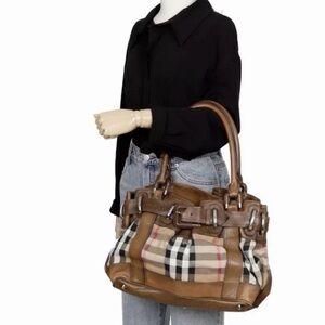 Burberry Brown Beaton Tote Shoulder Bag Nova Check Leather Authentic